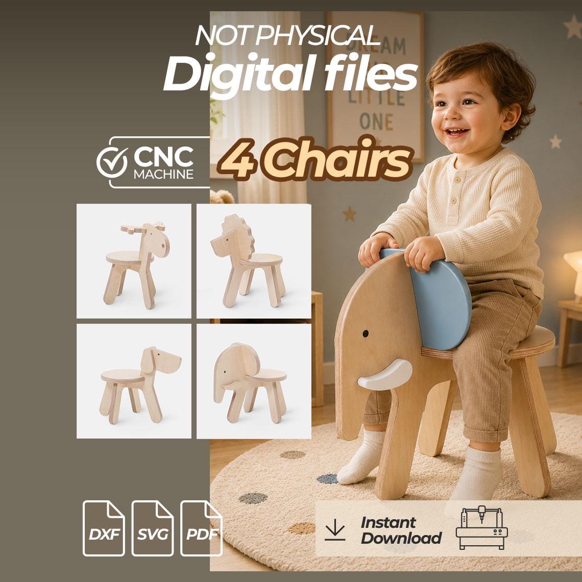 Bundle Animal Kids Chairs | 4 Wooden Chair Plans | Furniture DXF  | CNC Files Router