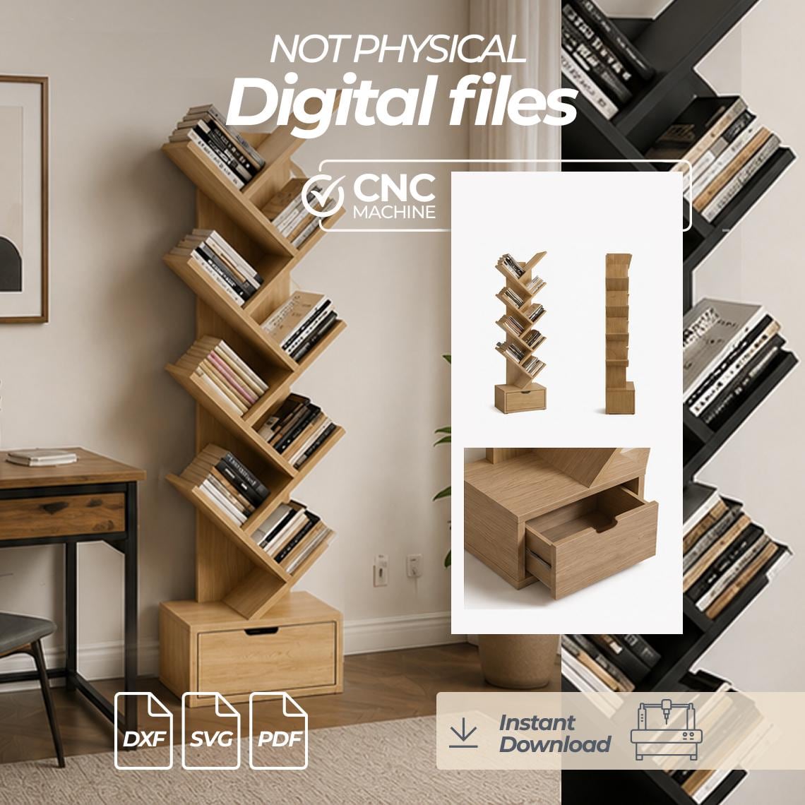 Tree Bookshelf CNC Files | Modern Bookcase dxf | Wooden Storage Shelf Plans